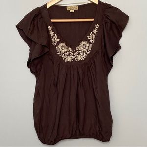 ONE WORLD brown embroider silver flower brown